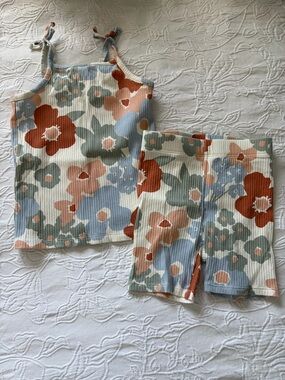 Little Co 3T Floral Ribbed Tank & Bike Shorts Set - Rust, Sage, Dusty Blue